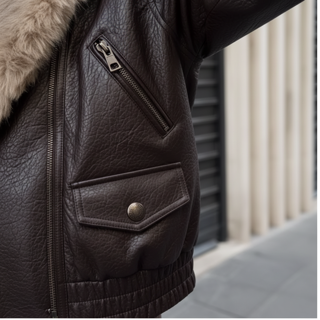 Chaqueta de Cuero Ecólogico con Cuello de Piel Removible - LÚVORA