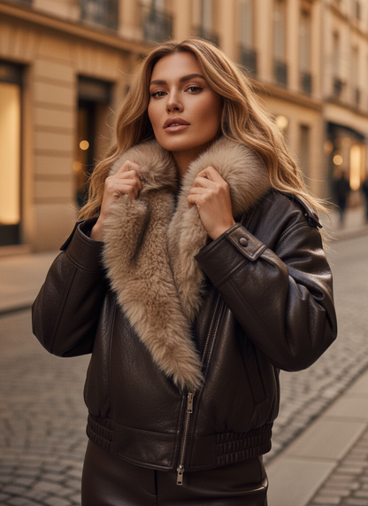 Chaqueta de Cuero Ecólogico con Cuello de Piel Removible - LÚVORA