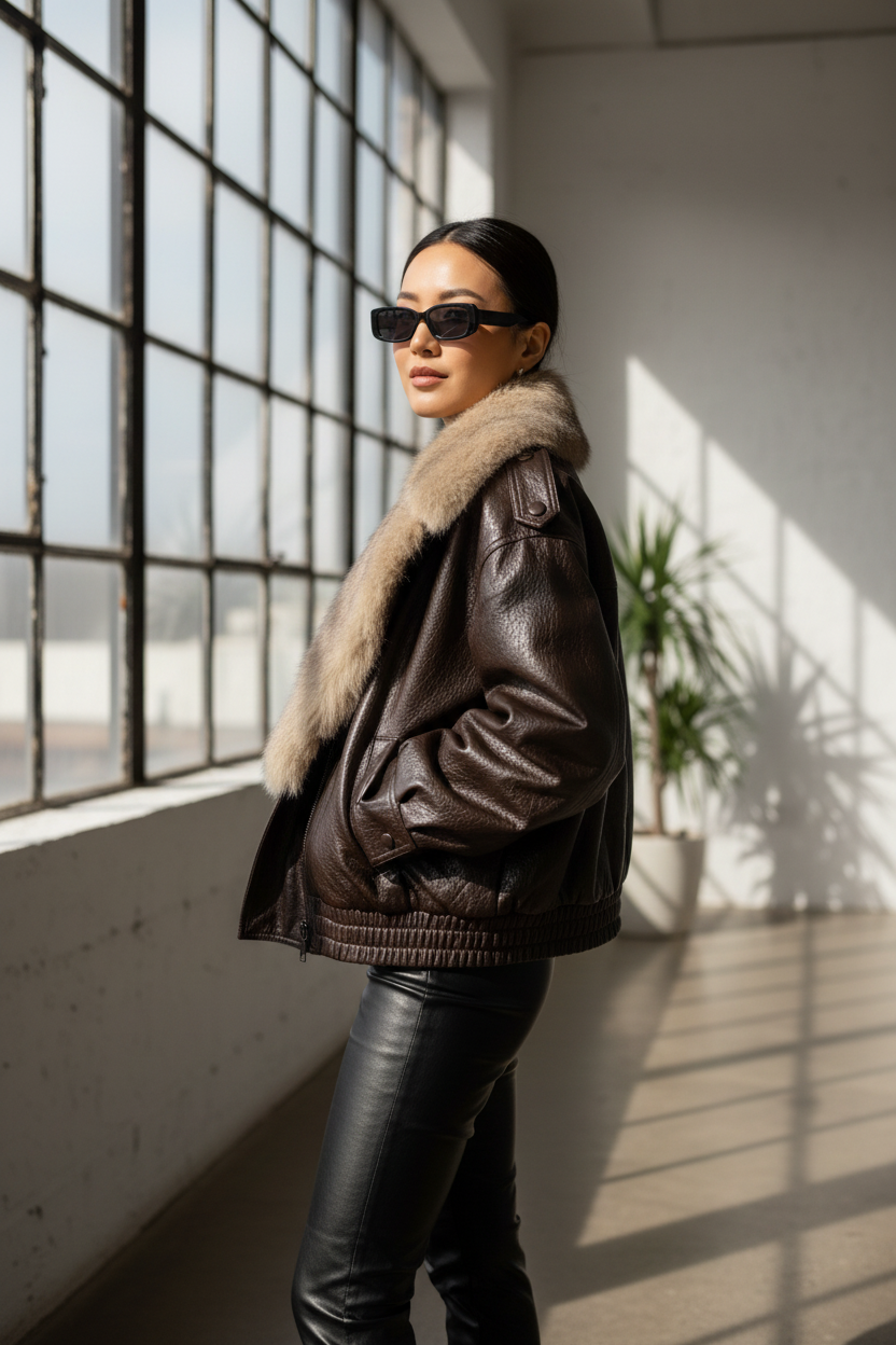 Chaqueta de Cuero Ecólogico con Cuello de Piel Removible - LÚVORA