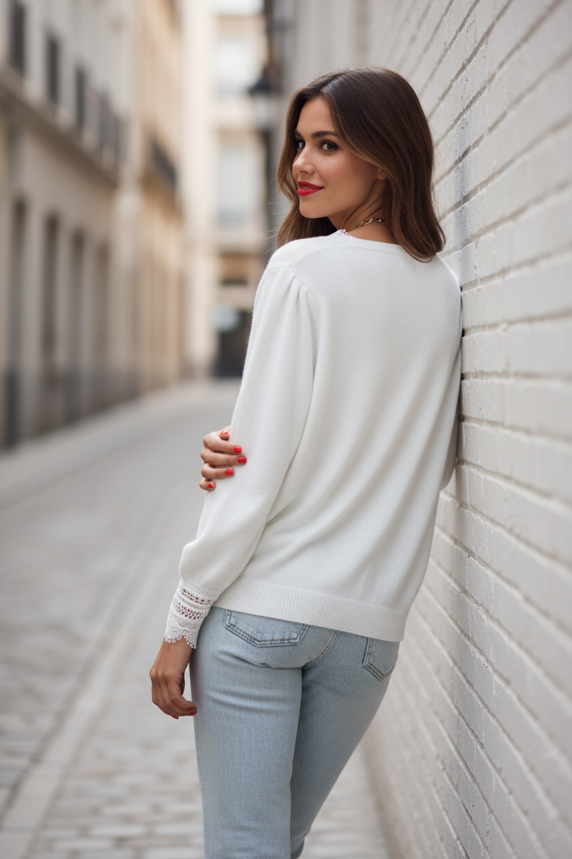 Cárdigan Elegante de Punto con Encaje - LÚVORA