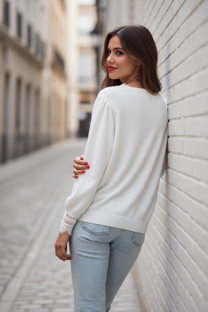 Cárdigan Elegante de Punto con Encaje - LÚVORA