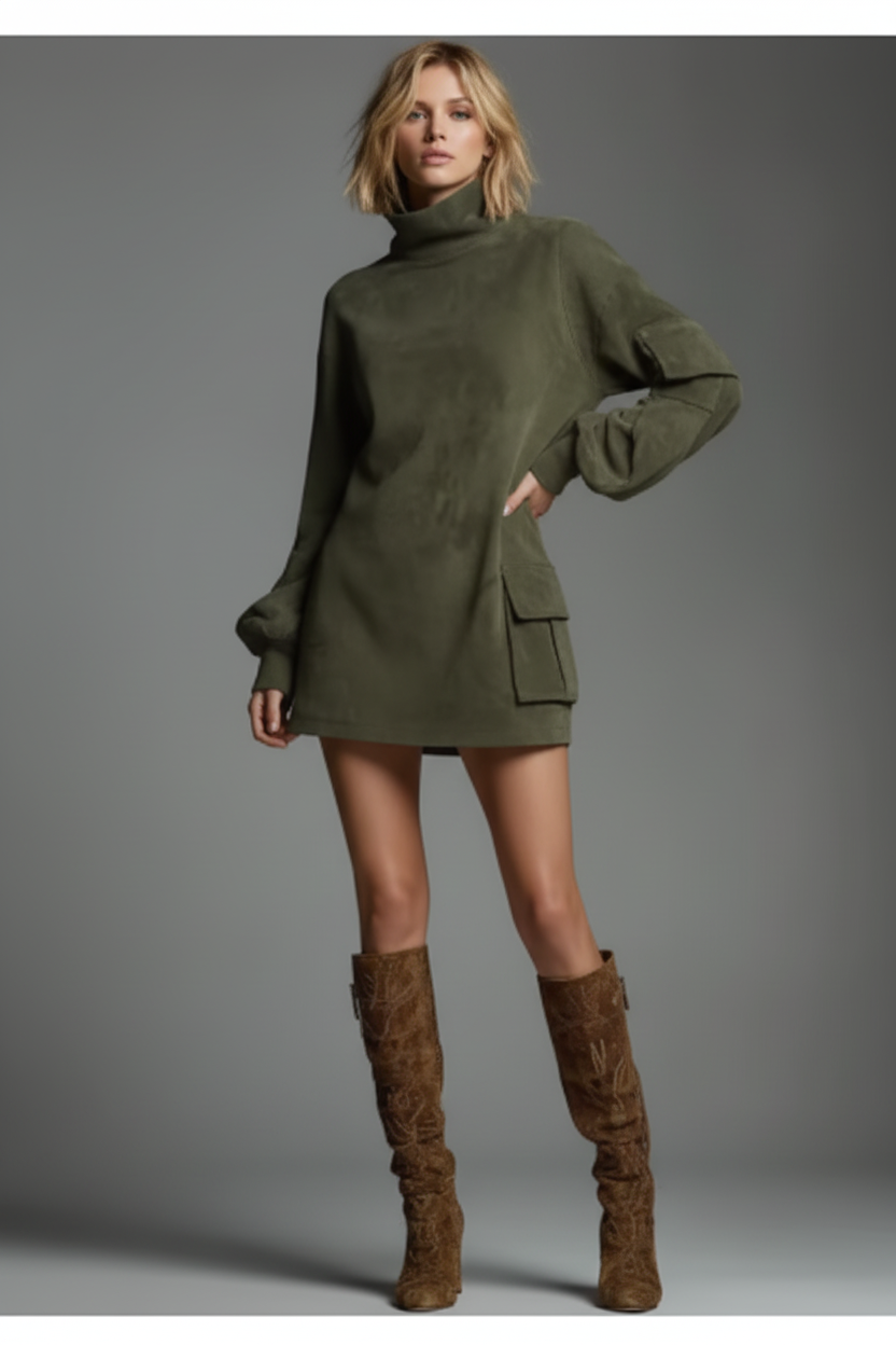 Vestido Mini Retro de Suede con Cuello Alto - LÚVORA