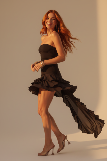 Vestido Mini Asimétrico con Volantes y Bufanda - LÚVORA