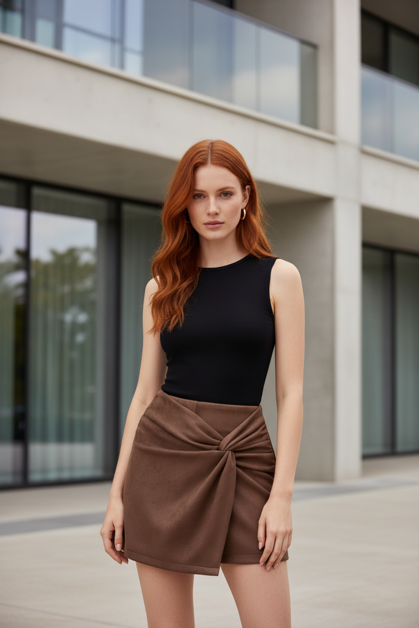 Falda Pantalón Irregular de Suede Sintético - LÚVORA