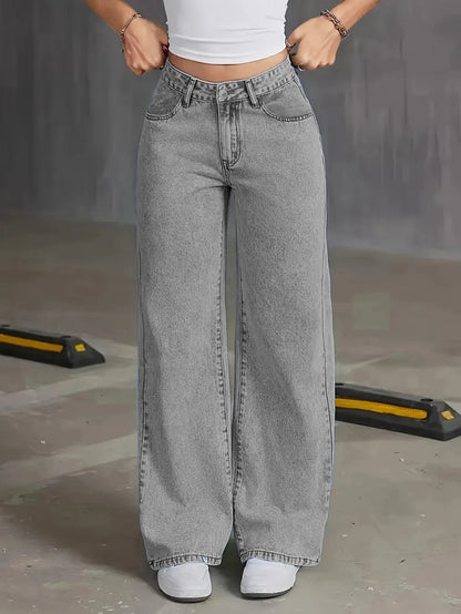 Jeans de Mujer de Tiro Alto y Pierna Ancha en Gris Claro - LÚVORA