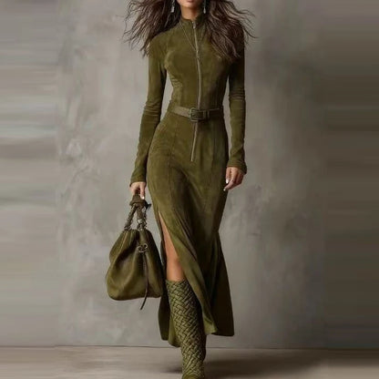 Vestido Largo de Suede con Cinturón y Detalle Lateral - LÚVORA