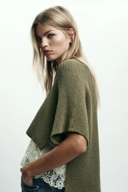 Suéter Verde de Punto con Encaje - LÚVORA