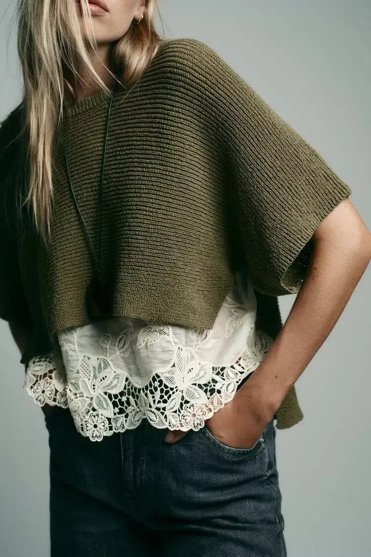 Suéter Verde de Punto con Encaje - LÚVORA