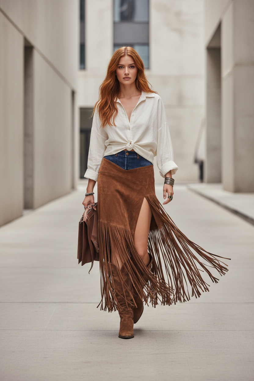 Falda Midi de Ante con Tassel - LÚVORA