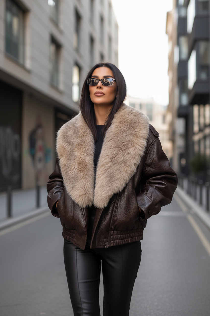 Chaqueta de Cuero Ecólogico con Cuello de Piel Removible - LÚVORA