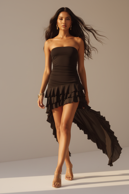 Vestido Mini Asimétrico con Volantes y Bufanda - LÚVORA