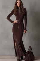 Vestido Largo de Suede con Cinturón y Detalle Lateral - LÚVORA