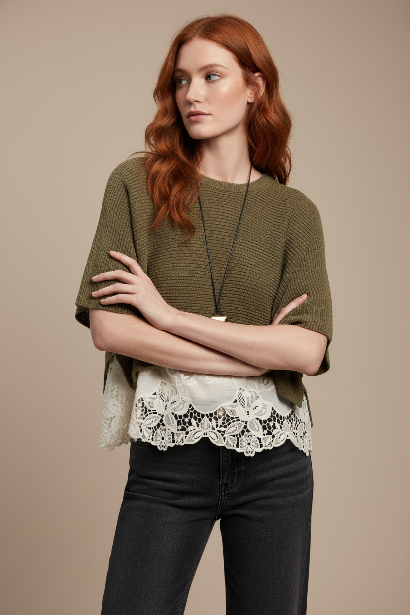 Suéter Verde de Punto con Encaje - LÚVORA