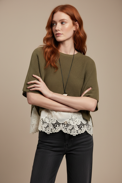 Suéter Verde de Punto con Encaje - LÚVORA