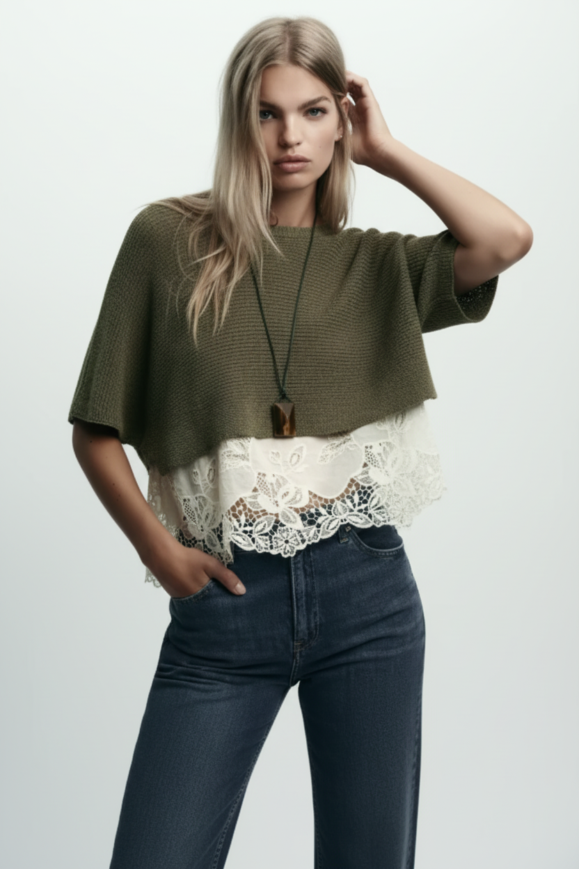 Suéter Verde de Punto con Encaje - LÚVORA