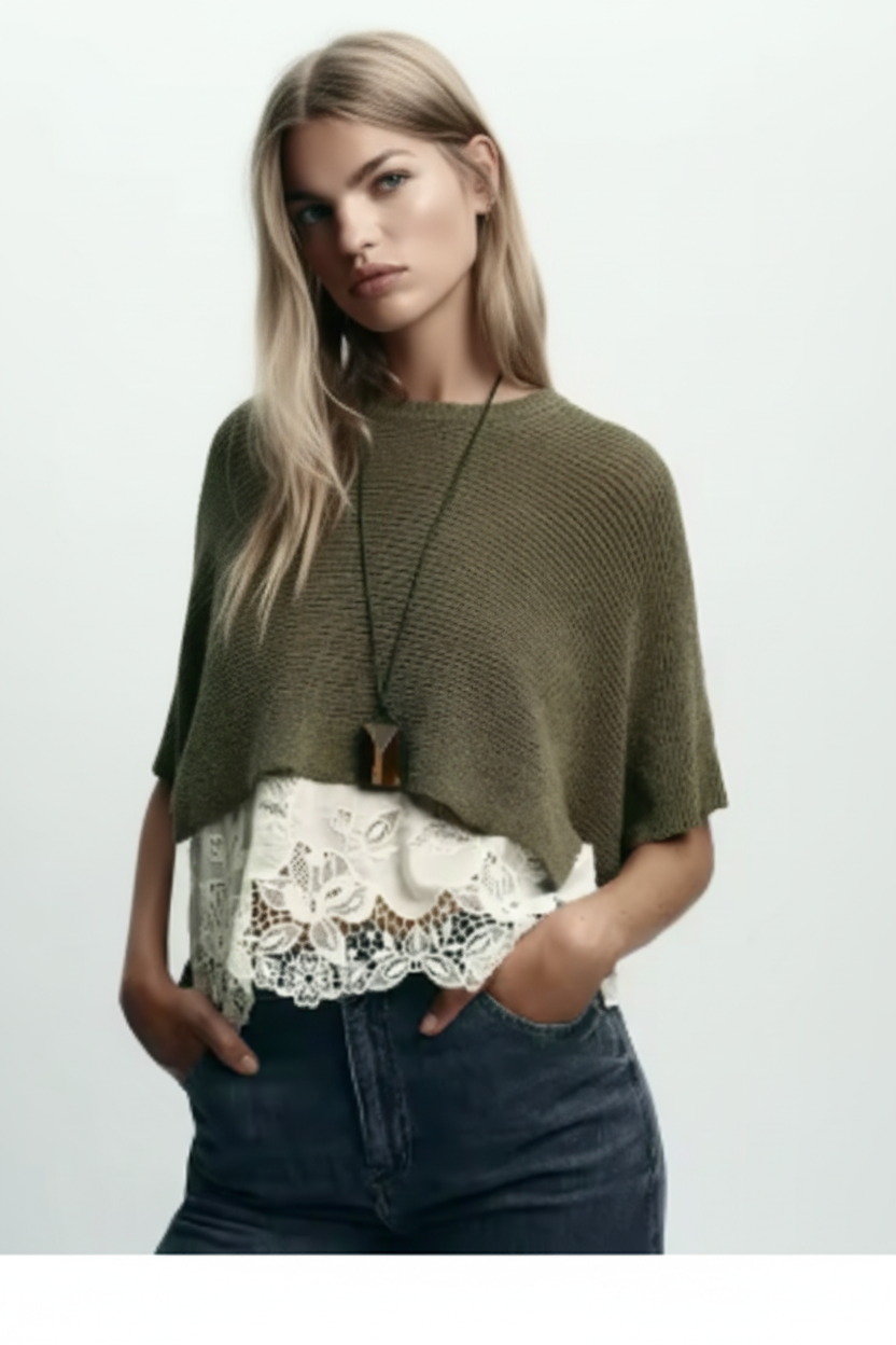 Suéter Verde de Punto con Encaje - LÚVORA