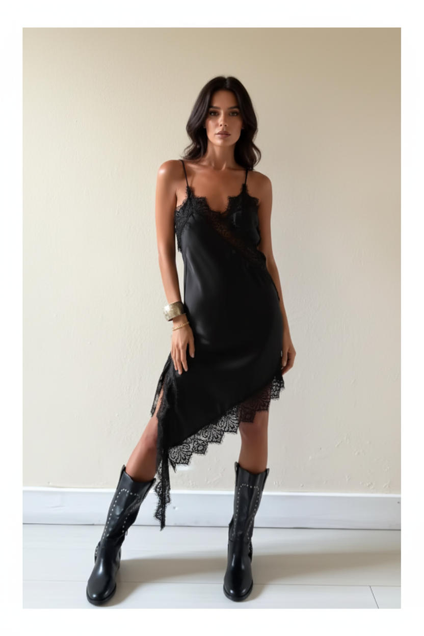 Vestido Corto de Satén con Encaje Asimétrico - LÚVORA