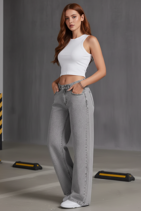 Jeans de Mujer de Tiro Alto y Pierna Ancha en Gris Claro - LÚVORA