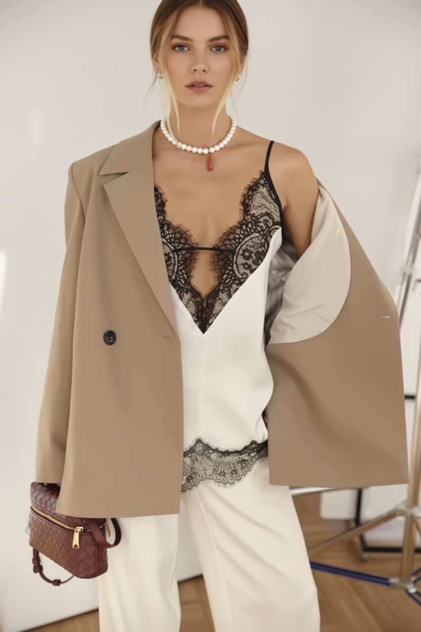 Camisón de Seda Satinada con Encaje - LÚVORA